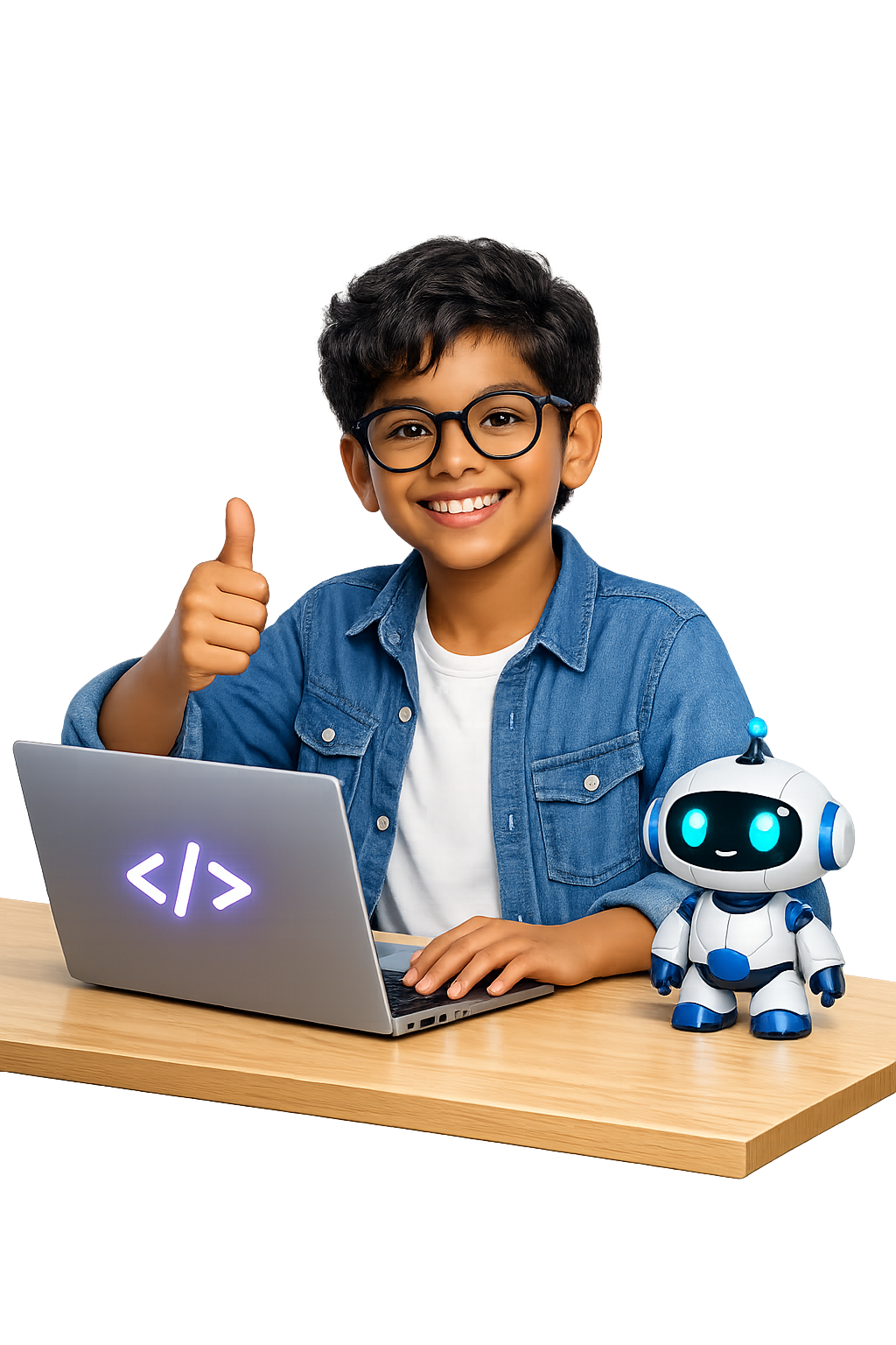 Smiling boy giving a thumbs up while learning to code on a laptop